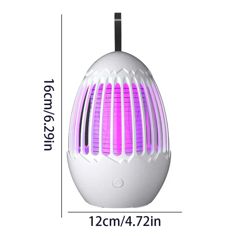 repelente de insectos - Matainsectos blanco con forma de huevo con interior iluminado en púrpura, correa de suspensión y botón de encendido; marcado con 16 cm de alto y 12 cm de ancho