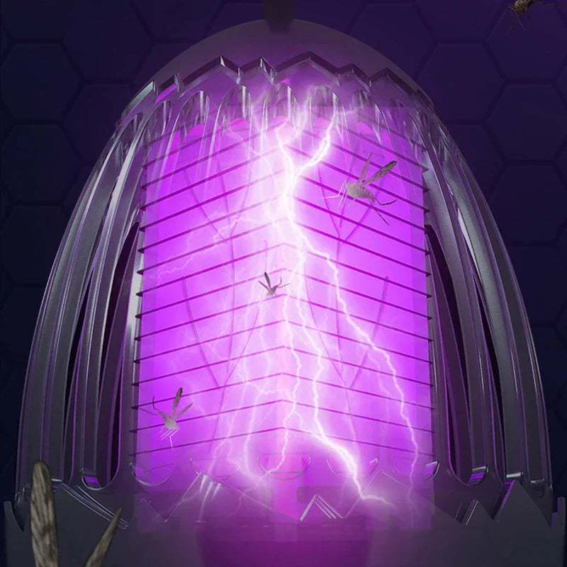 Bug Repellent Machine - Close-up of a purple-lit bug zapper grid with electric arcs striking nearby mosquitoes.