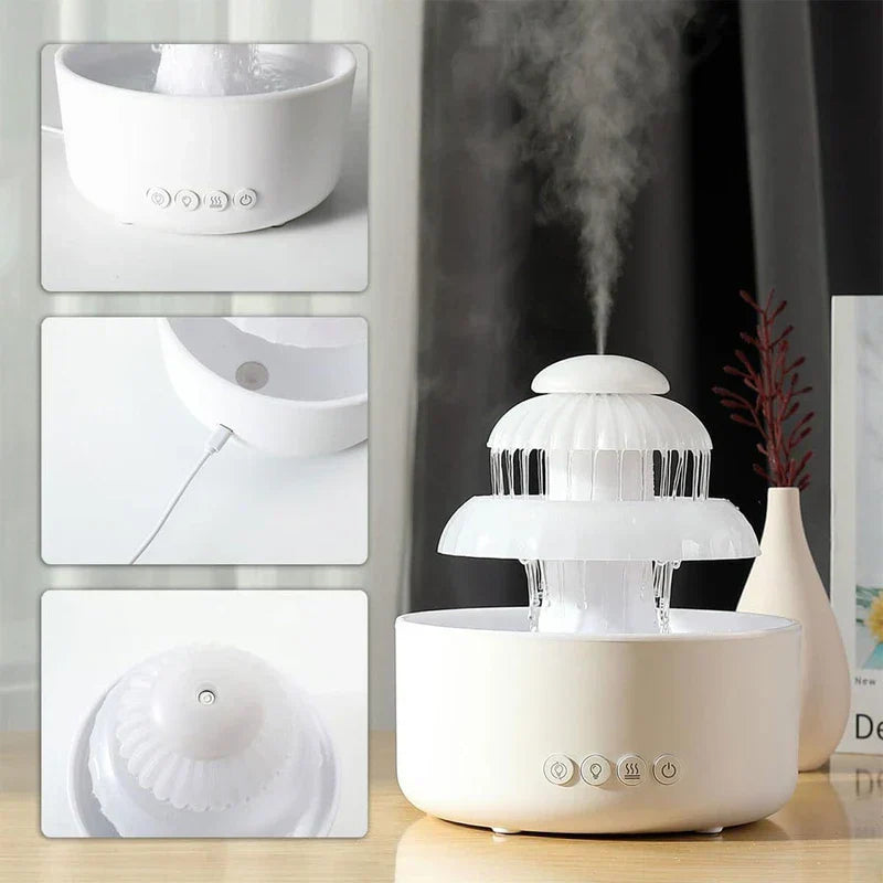 Water Fountain - White two-tier rain fountain humidifier emitting mist, with three inset detail shots
