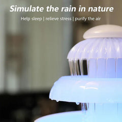Water Fountain - Close-up partial view of a white multi-tiered dripping water device with overlaid text at the top.