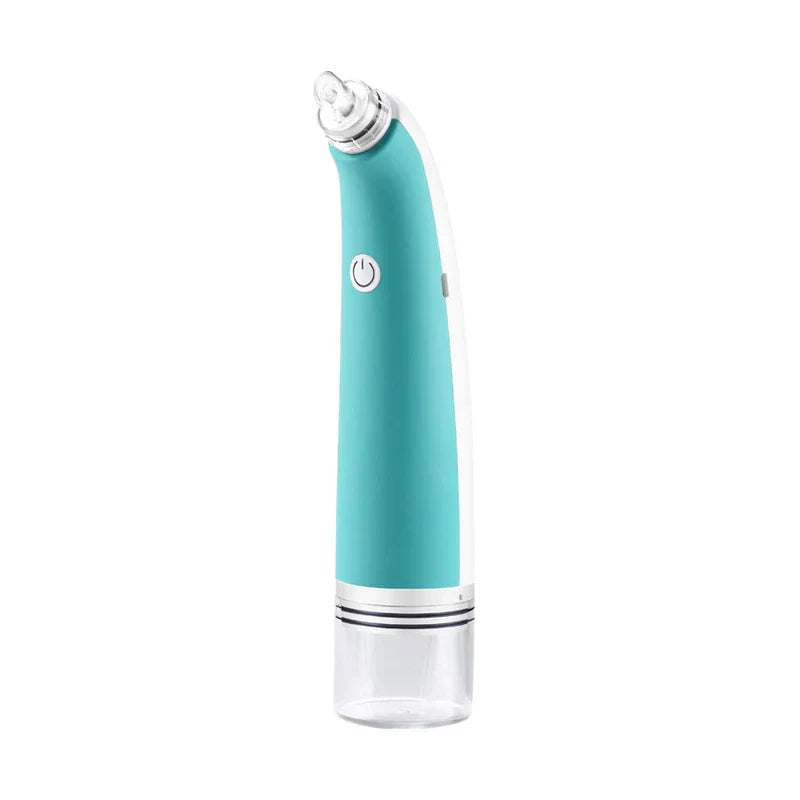 Pore Cleaner - Turquoise and white handheld foaming vacuum device with power button and clear lower reservoir