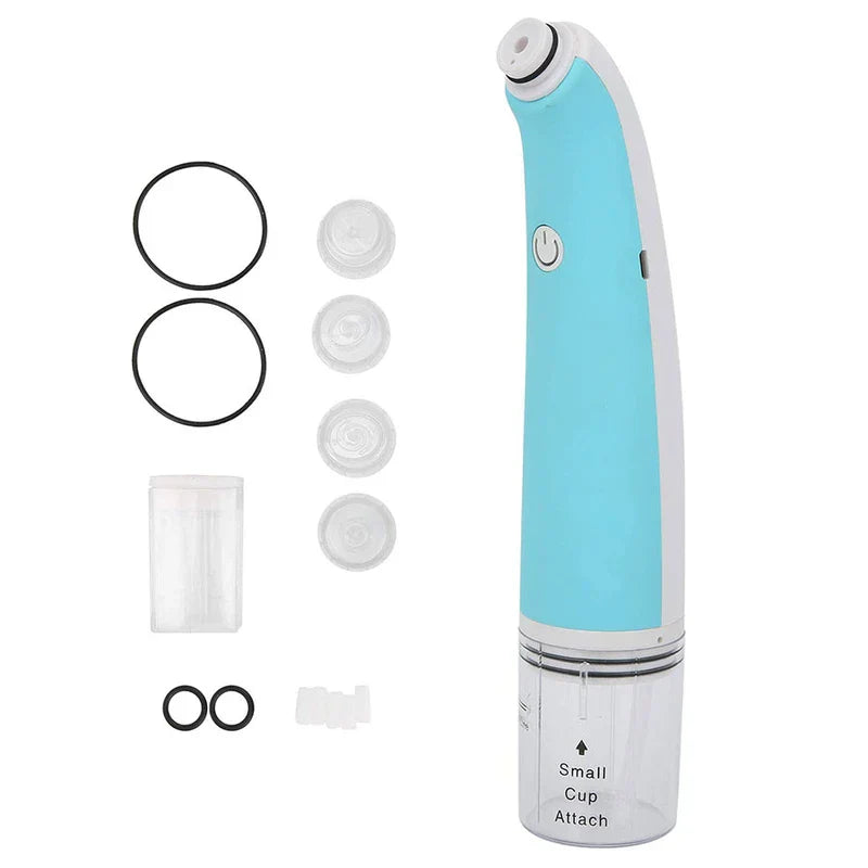 Pore Cleaner - Handheld cleansing device laid out with included interchangeable tips, sealing rings, and replacement filter components