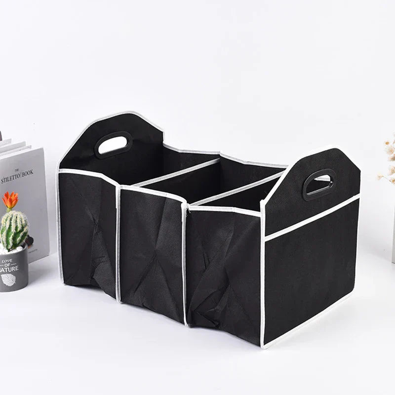 Foldable Car Trunk Organizer - Three-compartment collapsible storage bin with dual carry handles, displayed on a flat surface