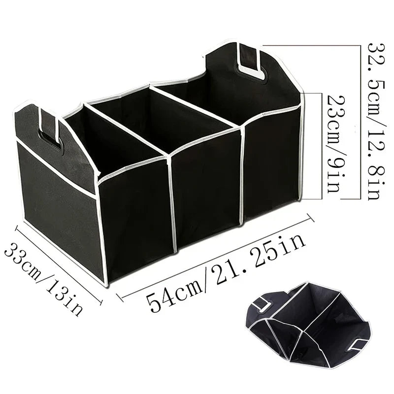 Foldable Car Trunk Organizer - Black fabric 3-compartment collapsible organizer, shown with measurement dimensions and folded view.