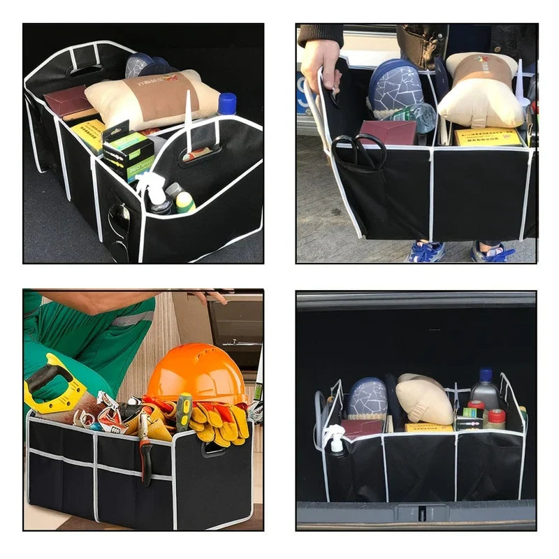 Foldable Car Trunk Organizer - 4-panel collage showing a black and white collapsible fabric organizer: filled in a car trunk, being lifted, holding work gear, placed inside a car trunk.