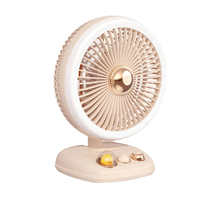 Standing Fan - Cream and rose gold desktop fan with small duck accent on control base, front angle view against white background