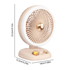 Standing Fan - Beige desktop fan on its stand, shown with height, depth, and width dimension labels.
