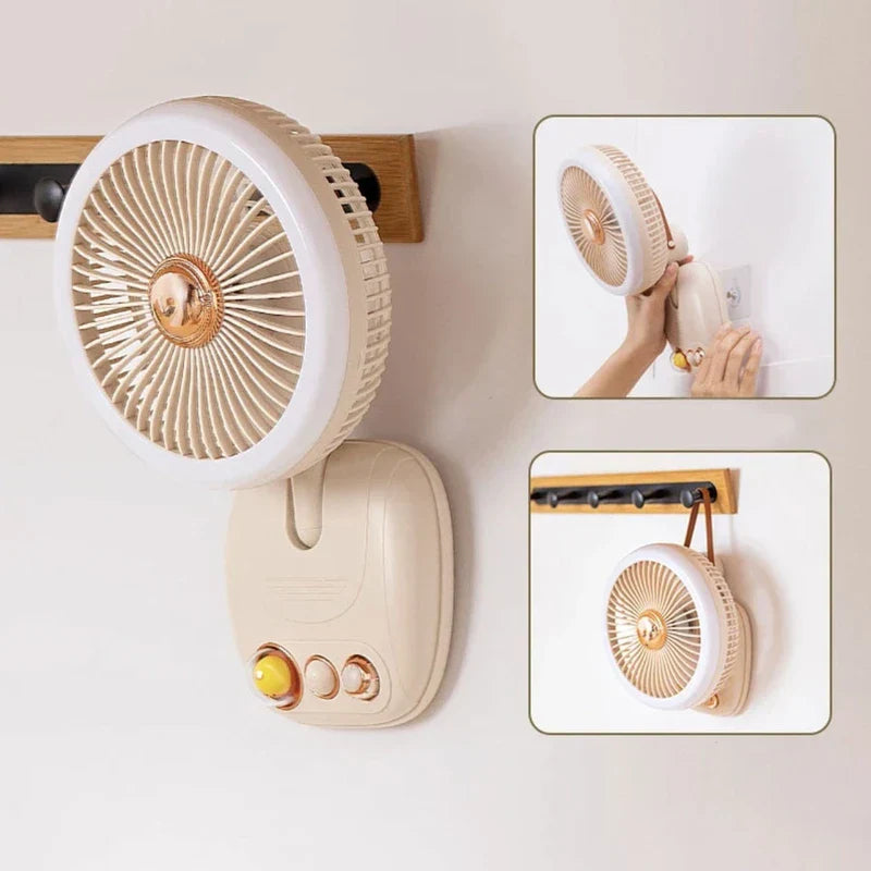 Standing Fan - Beige fan mounted on a wall, with two inset images showing wall mounting and hanging via a strap.