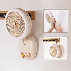 Standing Fan - Beige fan mounted on a wall, with two inset images showing wall mounting and hanging via a strap.