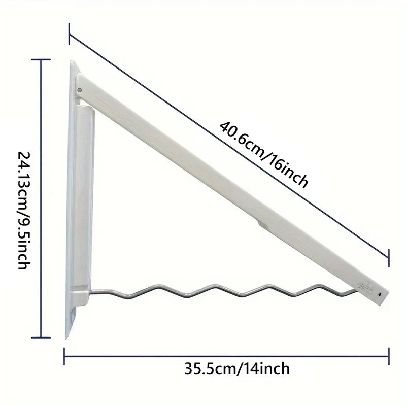 perchero retráctil para secar ropa - Soporte de pared plegable con dimensiones etiquetadas: altura 24,13 cm, profundidad 35,5 cm, refuerzo diagonal 40,6 cm