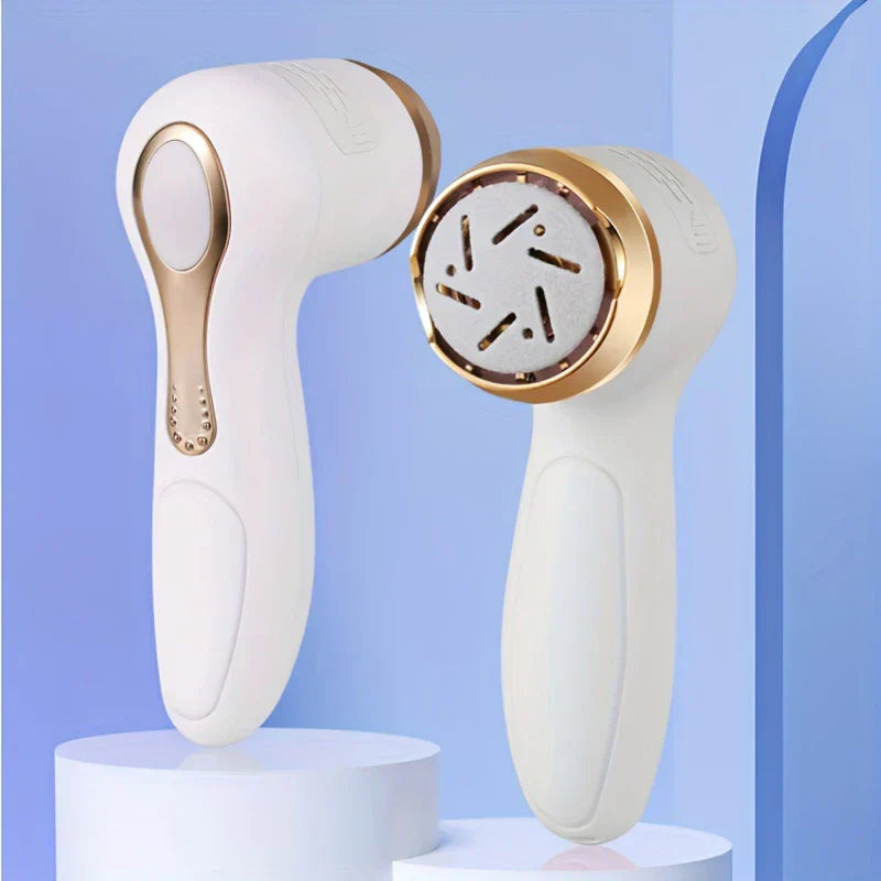 Callus Remover - Two white and gold handheld foot care tools displayed on white pedestals against a light blue background