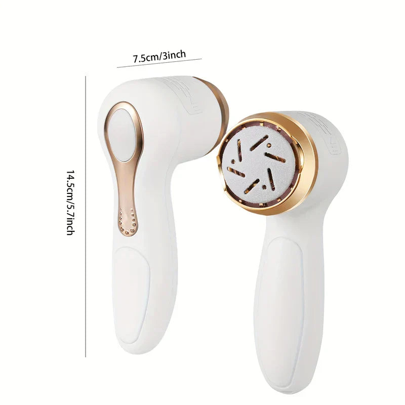 Callus Remover - Two white handheld devices with rose gold accents shown with dimension measurements, one with the grinding disc attached and one without.