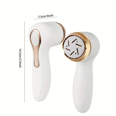 Callus Remover - Two white handheld devices with rose gold accents shown with dimension measurements, one with the grinding disc attached and one without.