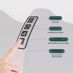 máquina masajeadora de pies - Diagrama que muestra los botones del panel de control de un masajeador con funciones etiquetadas, un dedo presionando el botón inferior