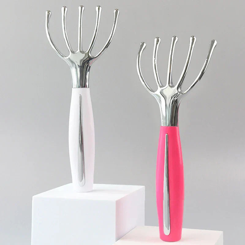 Massage Mat - Two five-prong handheld massagers displayed on white pedestals, one with white handle and one with pink handle