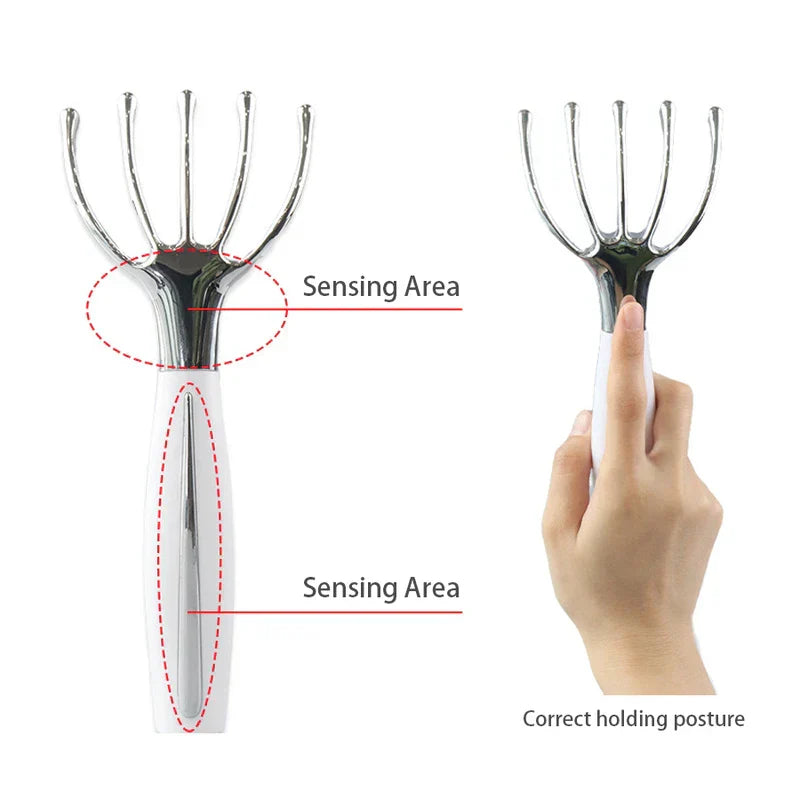 Five-prong handheld massager showing two sensing areas and a hand in correct holding posture.