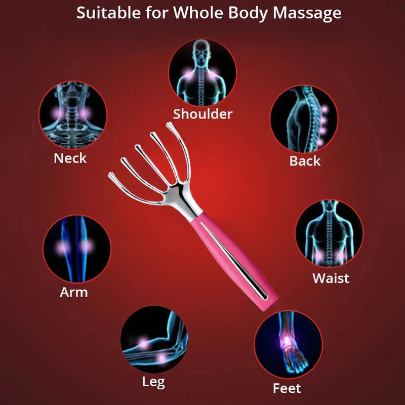 Massage Mat - Pink-handled version of the massager, diagrammed to show applicable body massage areas: neck, shoulder, back, arm, leg, waist, feet.