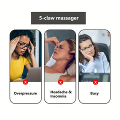 Massage Mat - Graphic showing 3 women looking stressed: overpressure, headache and insomnia, busy, headed '5-claw massager'
