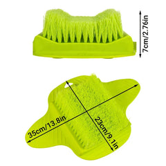 Dimension views of a foot scrubber brush with pumice stone exfoliator, labeled with cm and inch measurements