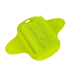 A bright lime green foot scrubber brush with pumice stone exfoliator on a white background.