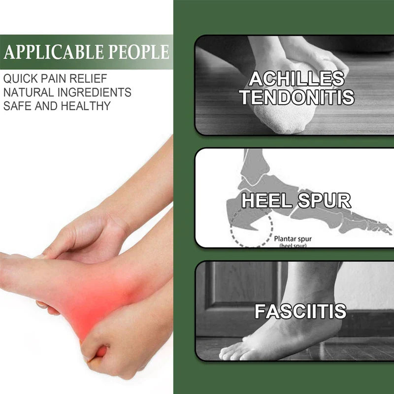 Foot Swelling Pain Relief Cream - Infographic listing applicable foot conditions including Achilles tendonitis, heel spur, and fasciitis