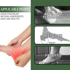 Foot Swelling Pain Relief Cream - Infographic listing applicable foot conditions including Achilles tendonitis, heel spur, and fasciitis