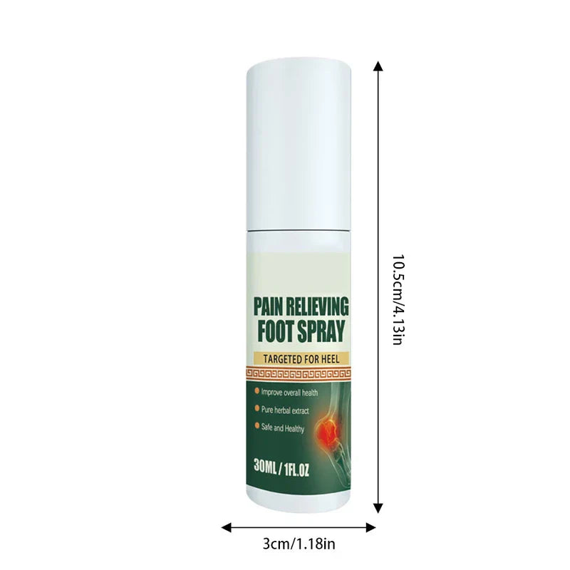 Foot Swelling Pain Relief Cream - White cylindrical heel pain relief foot spray bottle with dimension markings, showing product label and 30ml volume.