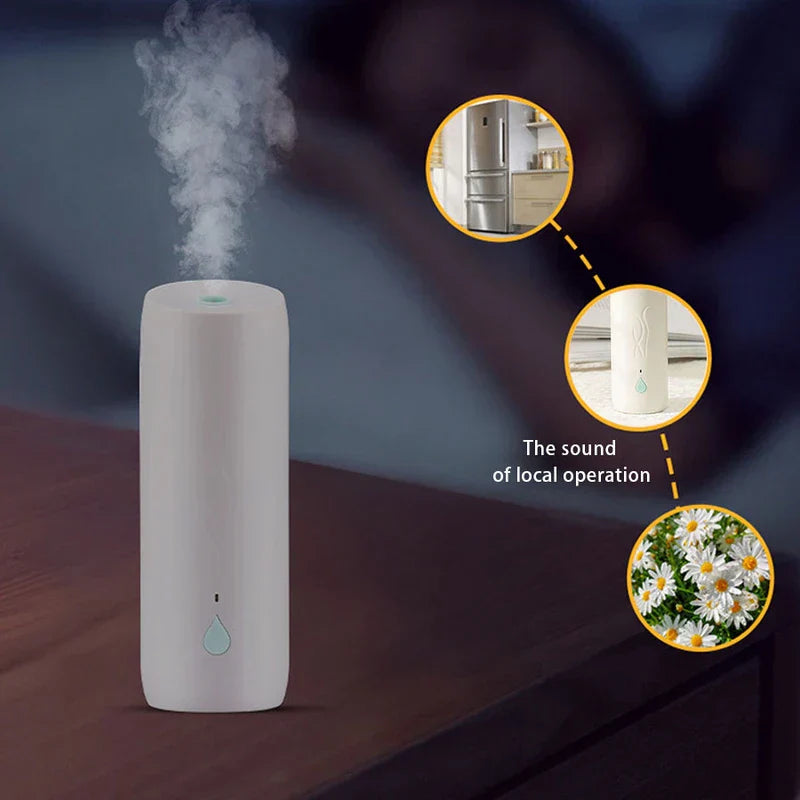 Formaldehyde Remover Air Purifier Gel Box - White cylinder humidifier emitting mist, with three yellow-bordered inset callout graphics to its right