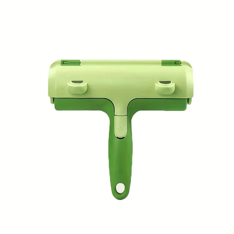 Pet Hair Remover Roller - Front view of two-tone green T-shaped fur removal tool with ergonomic handle and hanging loop