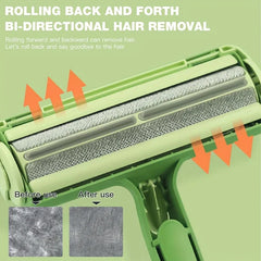 Close-up of a green pet hair remover roller head, with before/after fabric swatches and directional arrows marked