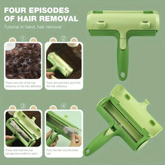 Pet Hair Remover Roller - Four-step use tutorial for a green pet hair remover, showing closed and open tool states alongside step-by-step inset photos
