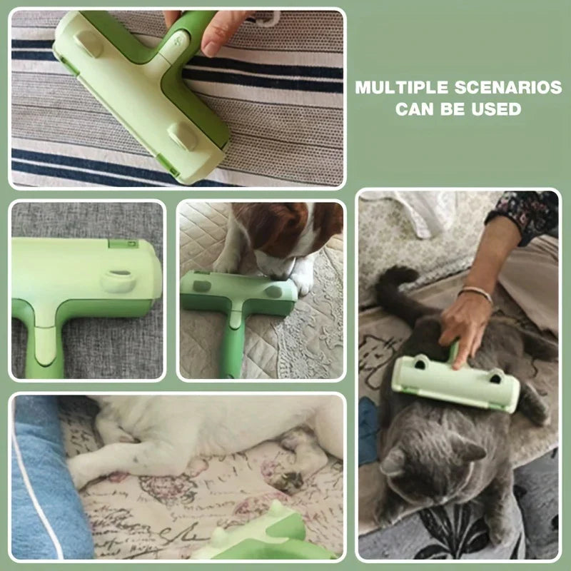 Pet Hair Remover Roller - Collage showing the light green pet hair remover in use on fabric, near a dog, and being used on a cat.