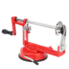 Fruit Slicer - Red manual kitchen prep tool with suction base, black turning handle, metal threaded rod and cutting head, peeling arm deployed