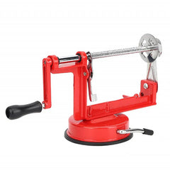 Fruit Slicer - Red manual kitchen prep tool with suction base, black turning handle, metal threaded rod and cutting head, peeling arm retracted
