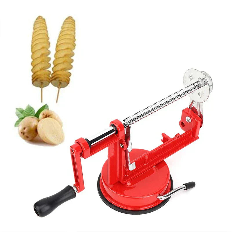 Fruit Slicer - Red manual spiral slicer shown with whole potatoes and finished spiral-cut potato skewers