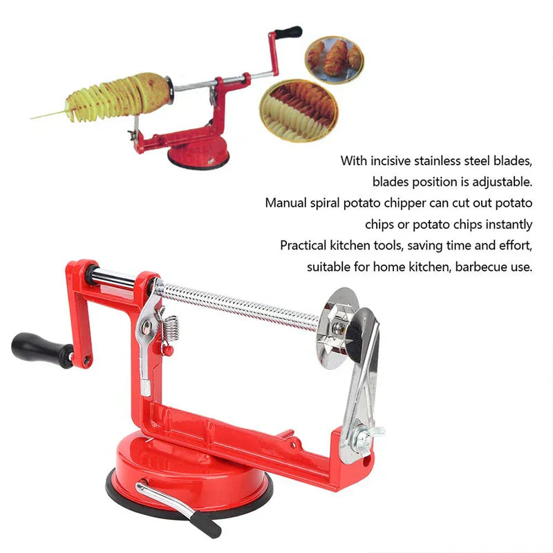 Fruit Slicer - Red spiral cutter shown with a spiral-cut potato on a skewer, and two inset close-ups of spiral cut food.
