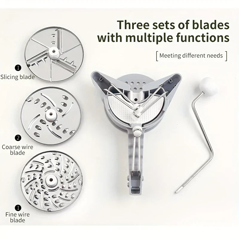 Fullstar Vegetable Chopper - Multifunctional vegetable cutter laid out with three interchangeable blades and a hand crank