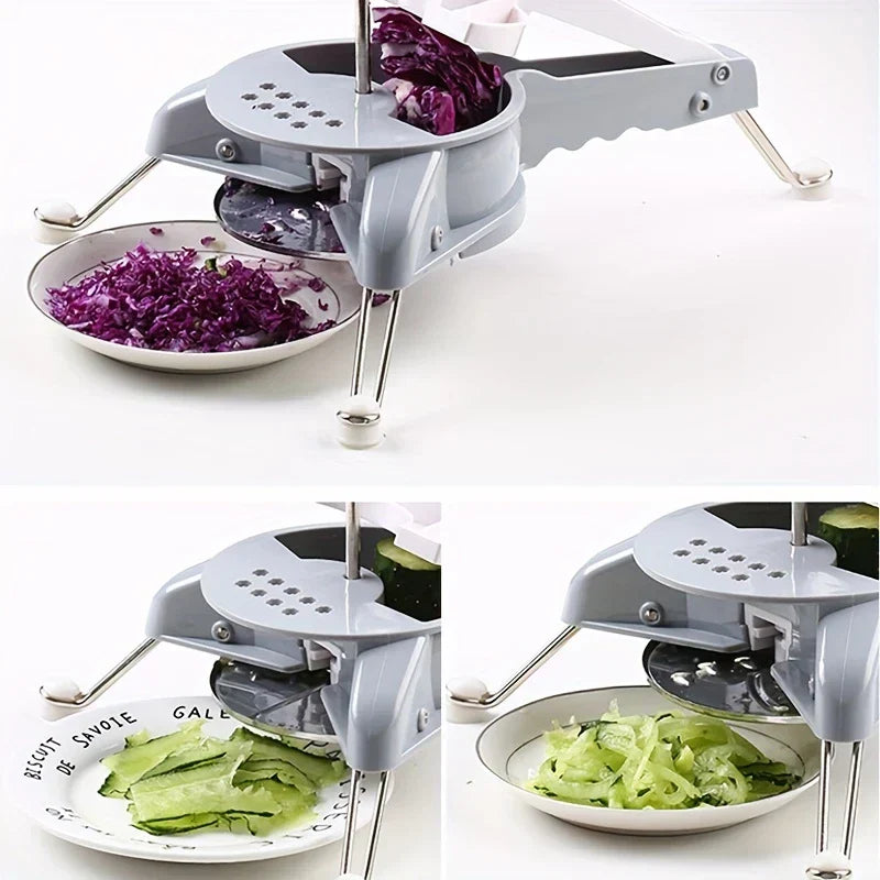 Fullstar Vegetable Chopper - Collage showing a manual rotary slicer shredding red cabbage, slicing cucumber, and shredding cucumber into separate plates