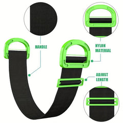 Moving Straps - Diagram highlighting strap features: contoured green handles, woven nylon strap material, and adjustable length slider buckle
