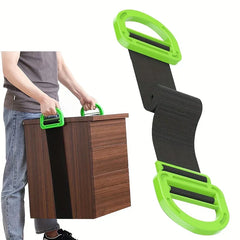Moving Straps - Person using the strap to lift a small wooden three-drawer cabinet, with a closeup of the strap's handle and woven material shown alongside