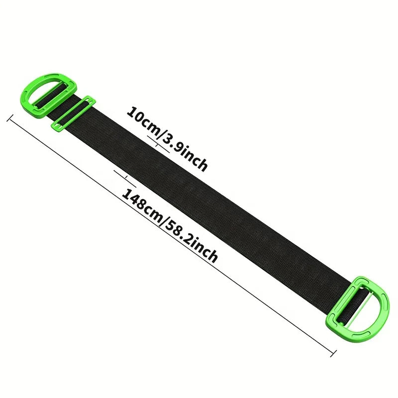 Moving Straps - Black lifting strap with green plastic handles and adjuster, marked with 10cm/3.9inch and 148cm/58.2inch length measurements