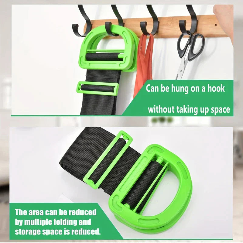 Moving Straps - Two storage views of the lifting strap: hung on a wall hook, and folded compactly