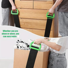 Moving Straps - Two people using lifting straps to move a wooden dresser, and one person using straps to lift a stuffed box; product text on image.