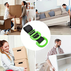 Moving Straps - Four-panel collage showing people moving boxes and furniture, central shot of two-handle black lifting strap.