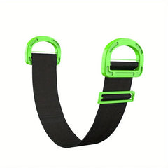 Moving Straps - Single black woven strap with bright green D-shaped handles and adjustable length buckle, laid flat against a white background