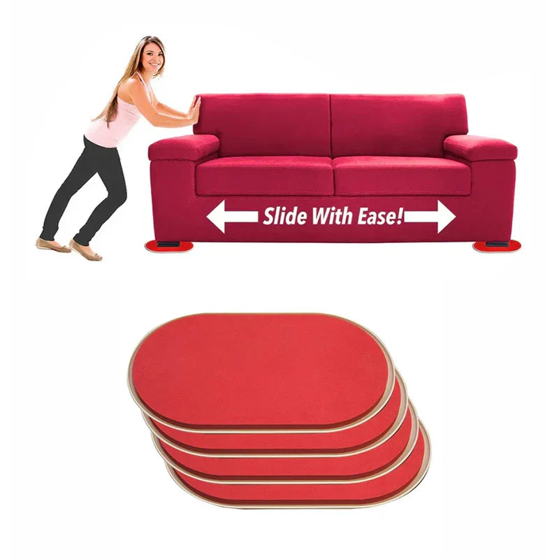 Mujer empujando un sofá rojo equipado con deslizadores para mover muebles, junto con un juego apilado de los deslizadores sobre un fondo blanco