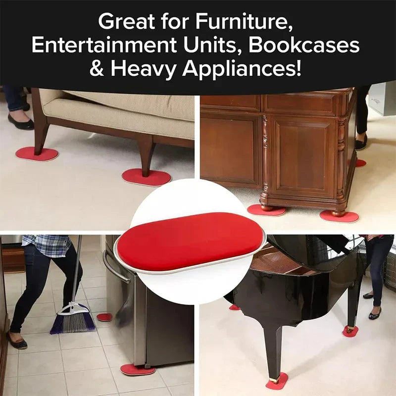 Cuatro ejemplos de uso de deslizadores para mover muebles debajo de un sofá, armario, nevera y piano, con un primer plano central del deslizador