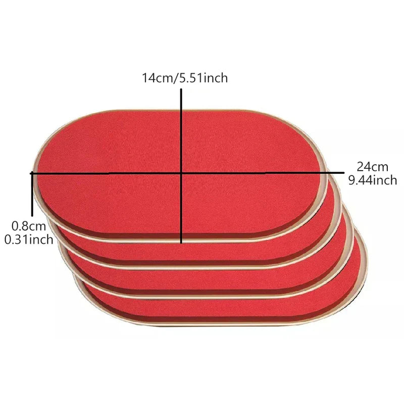 Pila de cuatro deslizadores ovalados rojos y beige para mover muebles con etiquetas de dimensiones en centímetros y pulgadas