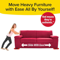 Mujer empuja un sofá rojo equipado con deslizadores para mover muebles; el texto promueve el movimiento fácil de muebles pesados en solitario