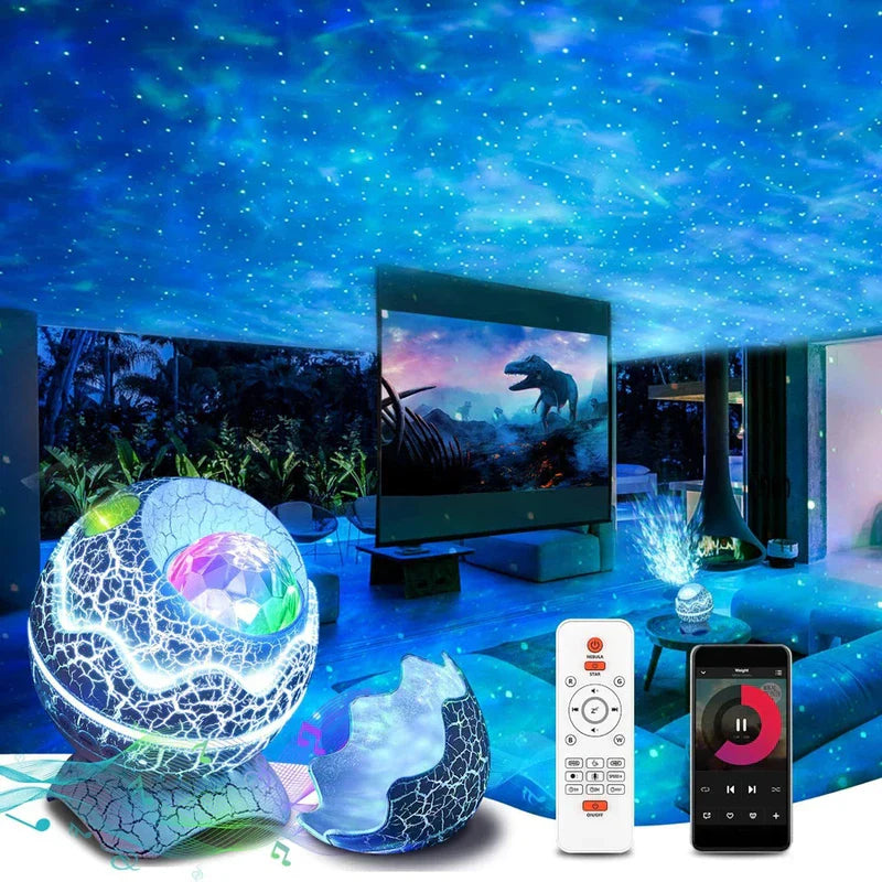Star Projector Night Light - Dinosaur egg design unit projecting cosmic patterns across a home entertainment room ceiling, shown with remote control and smartphone interface